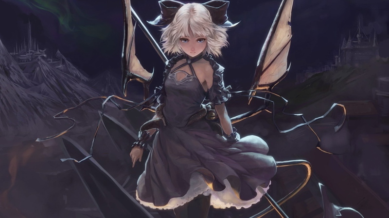 blue, people, chara, white, ornaments, night, wings, bow, hair, anime, girls, short, 1080P, eyes, Dress, hd, original, art