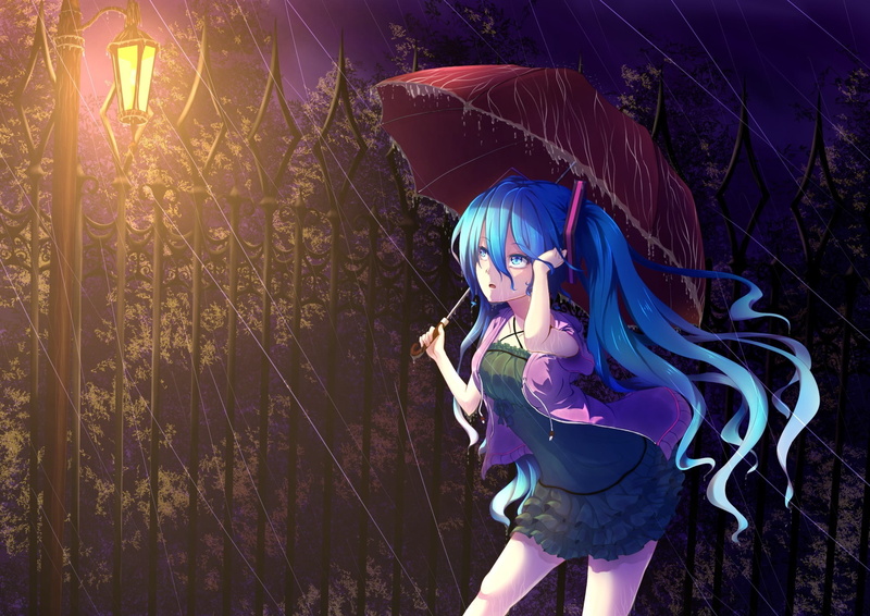 hatsune miku, twintails, vocaloid, umbrella, rain, miku, 1080P, hatsune