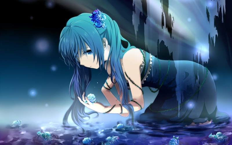 1080P, Miku, Roses, Water, Anime, Flowers, Girl, Hatsune