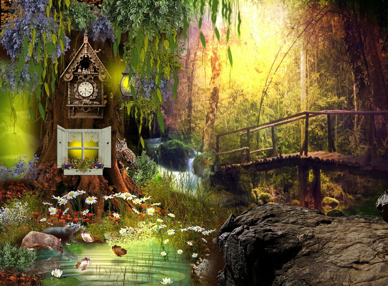 fantasy, forest, trees, animals, 1080P, phone
