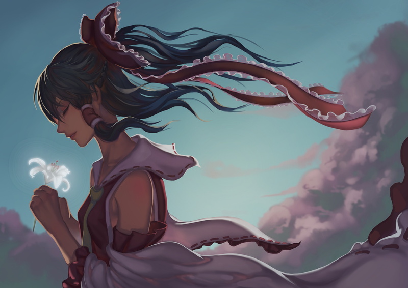 hakurei, touhou, flowers, clouds, reimu, 2K, hakurei reimu