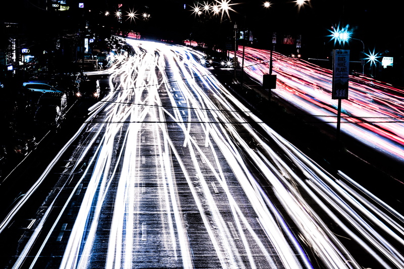 city, road, red, downtown, illuminated, transportation, street, white, railroad track, mode of transportation, train, vehicle, lapse, lighting equipment