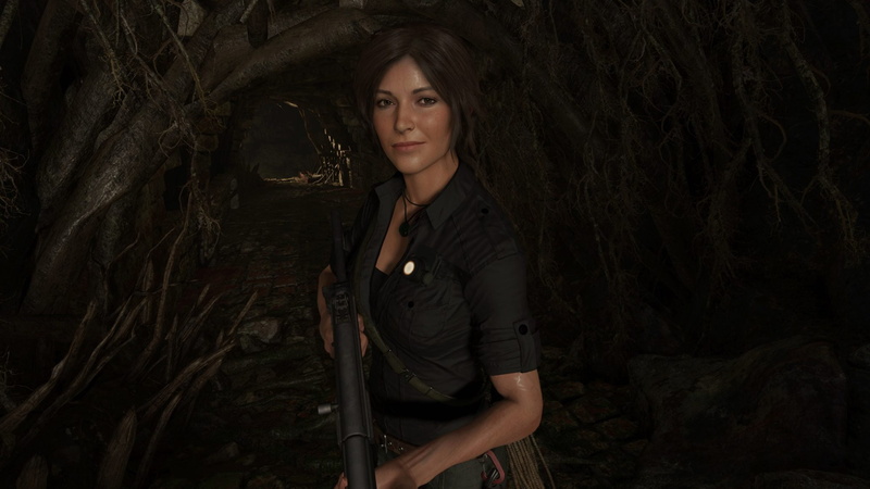 machine gun, a sly smile, machine, Larisa Krotova, 1080P, jungle, lara croft, black camo, black, cave, camouflag, shadow of the tomb raider, smile