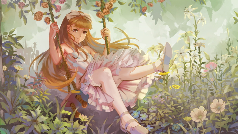 249495, dress, com, konachan, hair, original, sly, long, tea, eyes, flowers, brown, 1080P