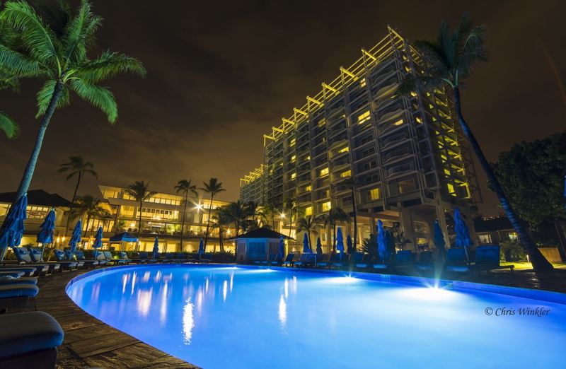 Travel, swimming pool, plant, building exterior, built structure, city, Pacific, Night, reflection, palm tree, architecture, lighting equipment, Hawaii