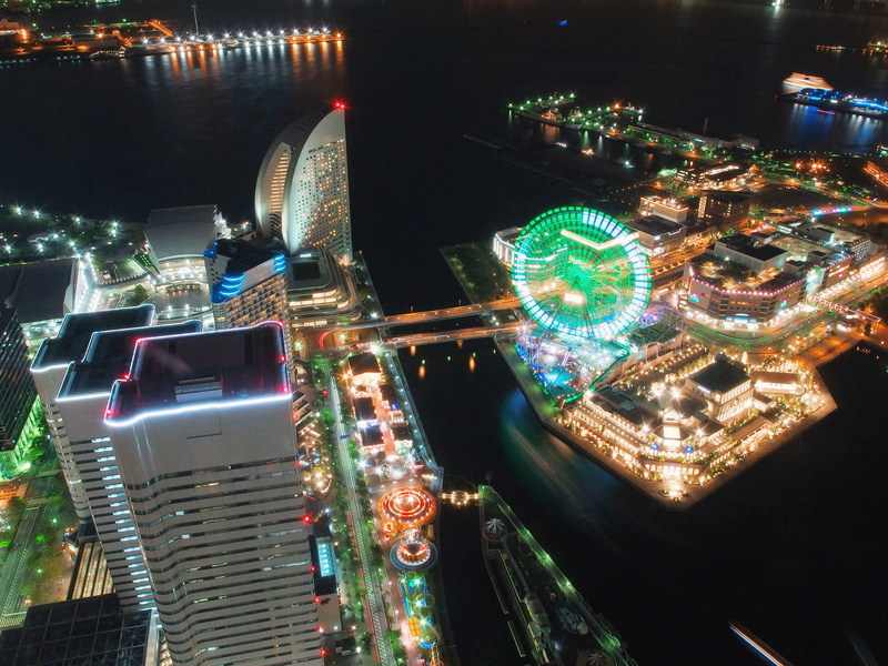 cityscape, city, amusement park ride, illuminated, tokyo, light, architecture, buildings, sea, skyscraper, yokohama, outdoors, building, amusement park