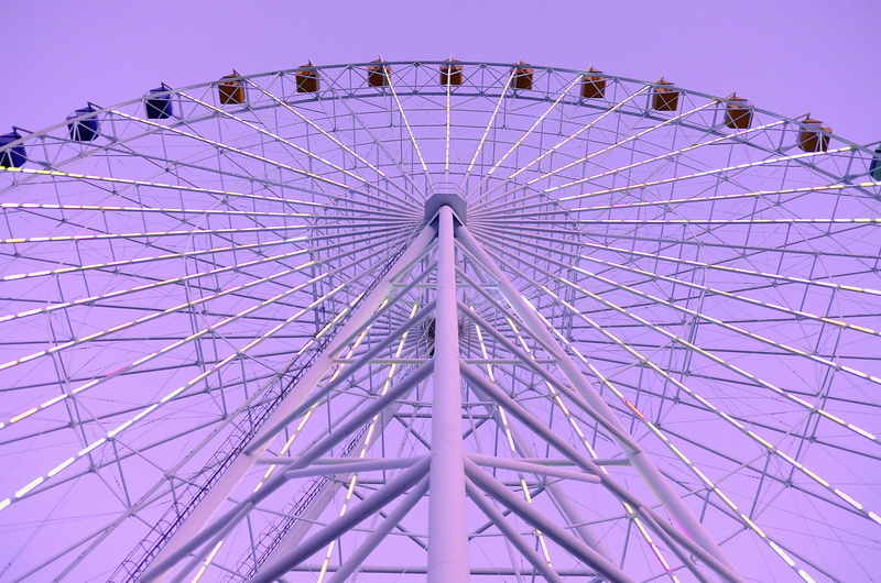 sky, purple, directly below, metal, no people, 4K, pavelfertikh, clear sky, arts culture and entertainment, amusement park, leisure activity, amusement park ride