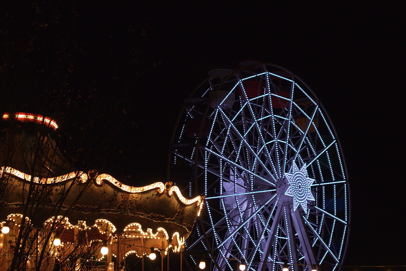 lighting equipment, building exterior, amusement park, barcelona, sky, carousel, city, shape, 4K, magic, glowing, low angle view, spain, arts culture and entertainment