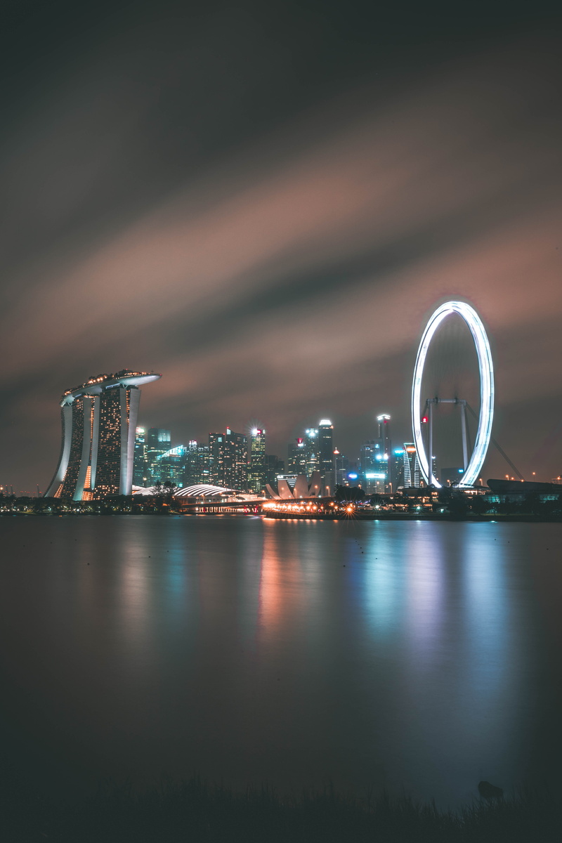 waterfront, longexposure, night, lake, ferriswheel, singapore, asia, structure, no people, architecture, building, office building exterior, cityscape