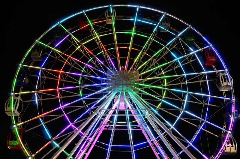 ferriswheel, amusement park, architecture, geometric shape, kazakhstan, built structure, no people, 4K, multi colored, amusement park ride, nature, illuminated