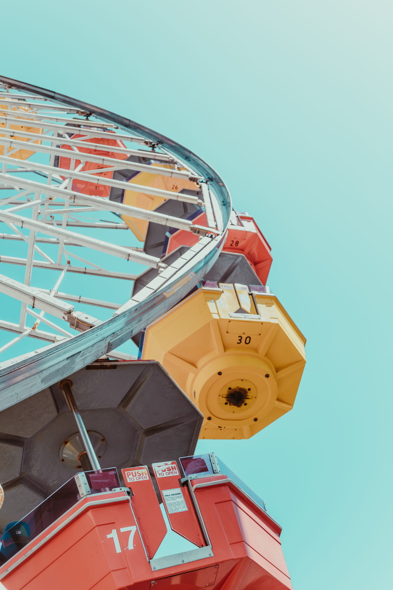 building exterior, clear sky, metal, arts culture and entertainment, outdoors, no people, sky, tilt, architecture, built structure, amusement park, low angle view
