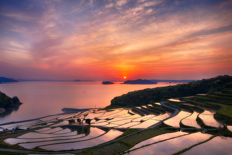 orange, 1080P, sky, clouds, japan, sun, terraces, sunset, nagasaki, prefecture, evening
