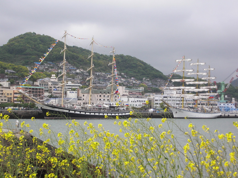 nautical vessel, mountain, plant, mode of transportation, sailing ship, river, water, nagasaki, nagasaki port, city, flowering plant, day, flower, outdoors