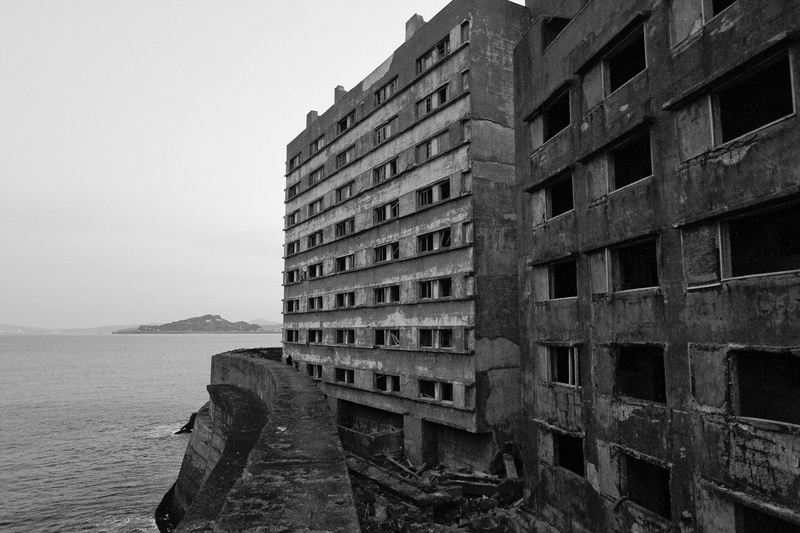 solid, old, low angle view, building exterior, clear sky, day, window, built structure, city, outdoors, nature, architecture, building, ruin hashima island building monochrome
