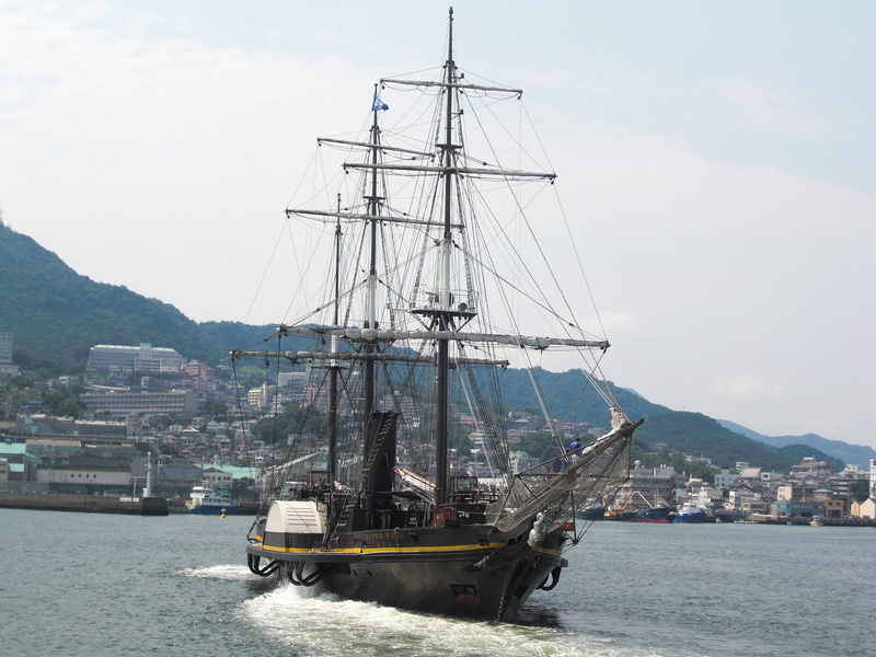ship, Nagasaki, Sailing Ship, sky, nagasaki port, pole, mountain, Nagasaki, sailing, tall ship, mast, outdoors, no people, water, sailboat, sea, nautical vessel