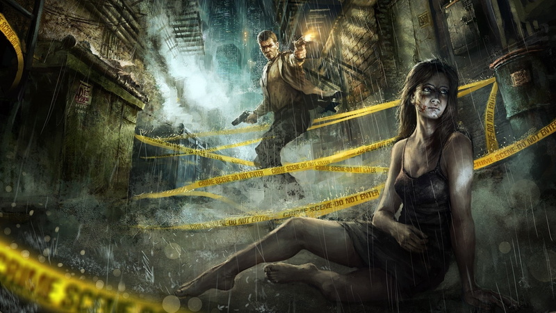 rain, Police Tape, Road Blocks, wet, women, gun, digital art, 1080P