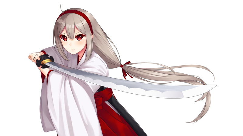 katana, sword, 2K, anime, Japanese clothes, weapon, ribbon, miko, long hair, gray hair, headband, red eyes, kimono, white background