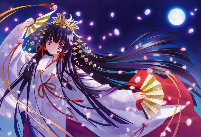 long, scan, purple, 2K, clothes, original, carnelian, eyes, japanese, petals, hair, moon, fan, night, black, ribbons, miko