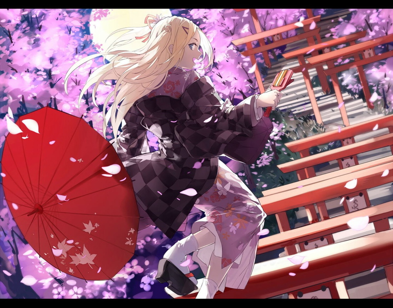 socks, hair, liuyuhao1992, ribbons, long, hanayamata, japanese, blue, umbrella, cherry, blossoms, 720P, clothes, eyes, torii, blonde, moon