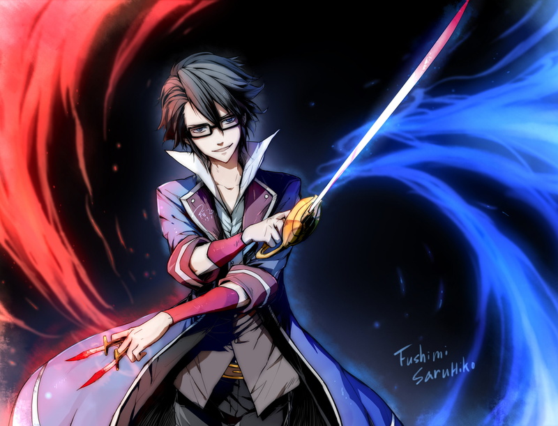 signed, blue, blood, k anime, linjie, anime, knife, glasses, saruhiko, hair, sword, black, fushimi, weapon, 1080P, eyes, male