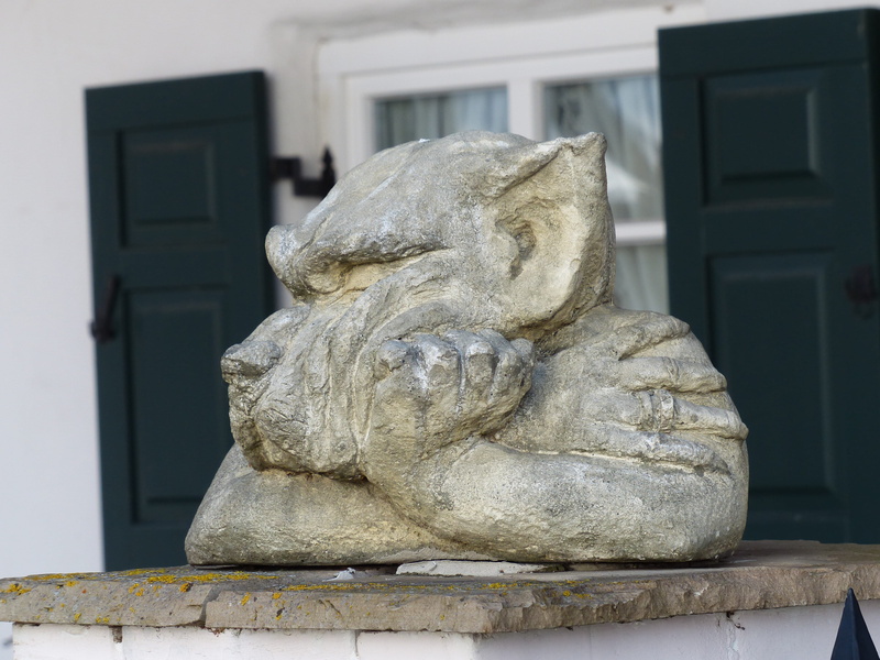 architecture, angel, lurking, human representation, close-up, bored, statue, art and craft, wolf, grim, gray, focus on foreground, stone, day, 4K, representation