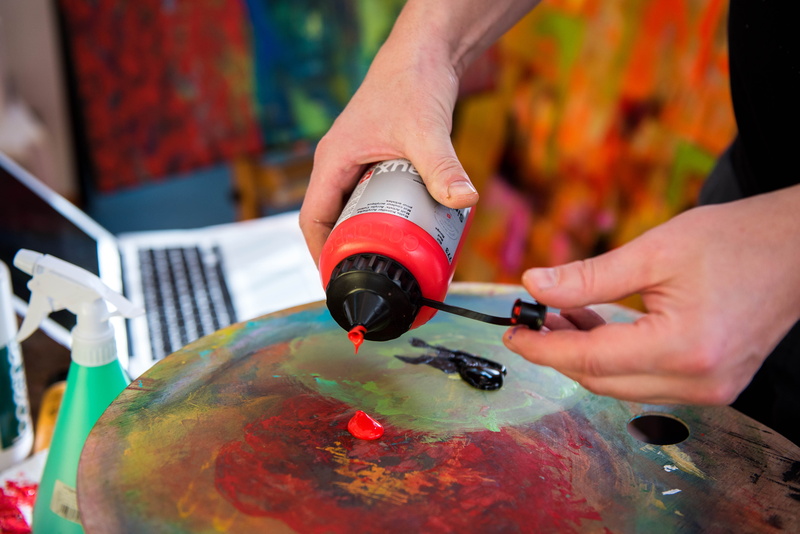 5K, occupation, bottle, paintbrush, workshop, human, holding, blossom, flare, tool, finger, human body part, plant, one person, hand, pollution, human hand
