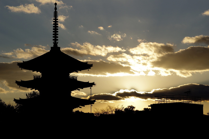 no people, outdoors, scenics - nature, 5K, japan, spire, tranquil scene, kyoto, buddhist temple, architecture, religion, cloud - sky, sunset, sky, five story pagoda