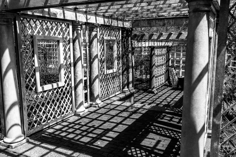 old, built structure, spirituality, religion, sunlight, architecture, history, pattern, arbor, bw, ornate, garden, outdoors, the past, shadow, no people