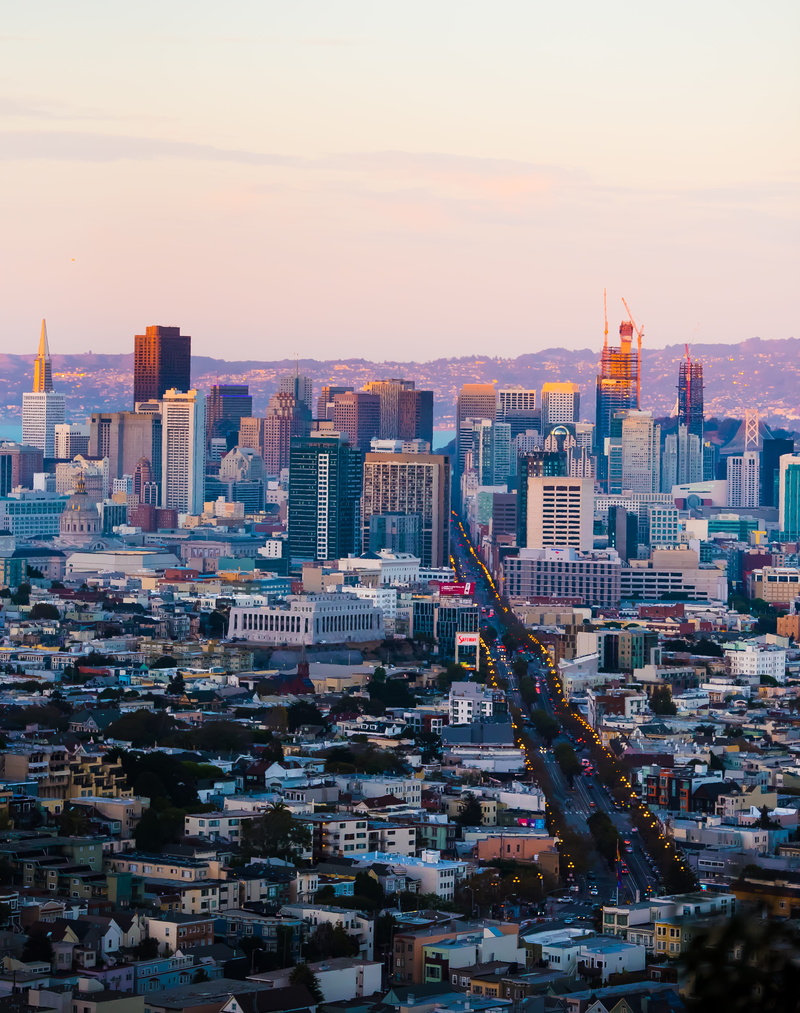 sf, tall - high, street, office building exterior, 4K, crowd, sunset, daytome, san francisco, high angle view, urban skyline, buildings, outdoors, settlement