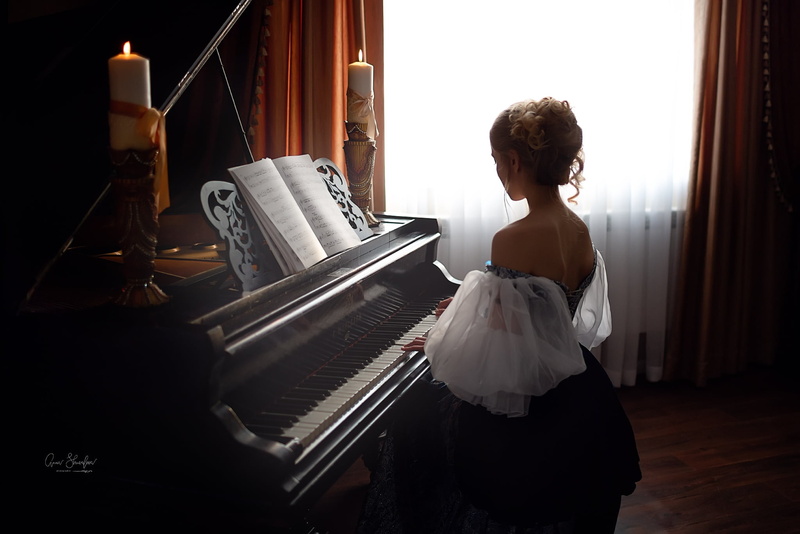 piano, candles, 1080P, girl, notes, Anna Shuvalova, back