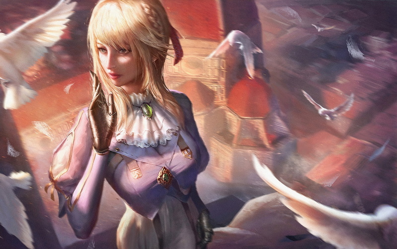 1080P, looking, blond hair, three quarter length, Violet Evergarden, front view, contemplation, standing, day, real people, beauty, leisure activity, fantasy art