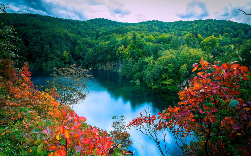 forest, lake, lakes, landscape, autumn, trees, 2K, waterfalls