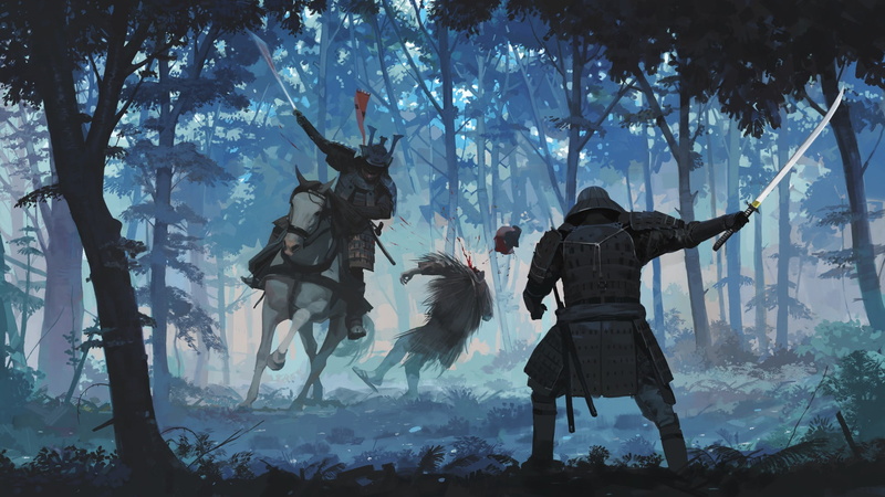 Fantasy, Warrior, Sword, Fight, Forest, Katana, Samurai, 1080P, Horse