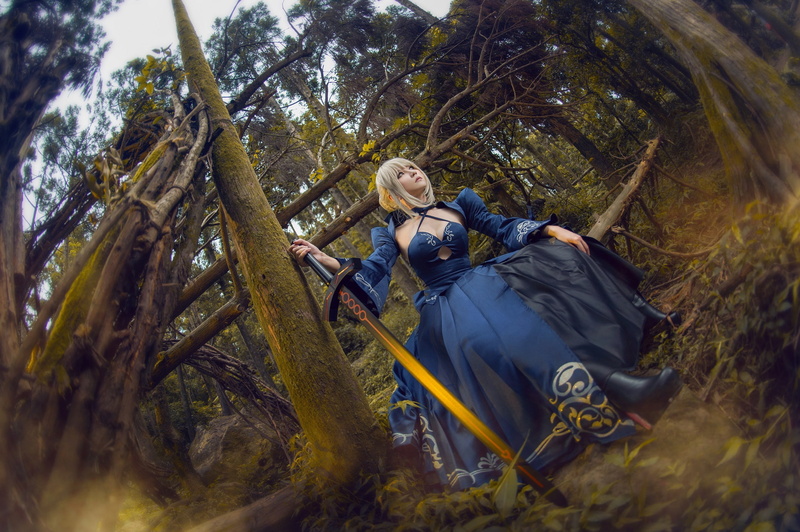 pose, trunks, blue dress, style, costume, view, blue, look, thickets, cosplay, sword, weapons, 1080P, blonde, trees, sitting, branches, forest, girl, hands