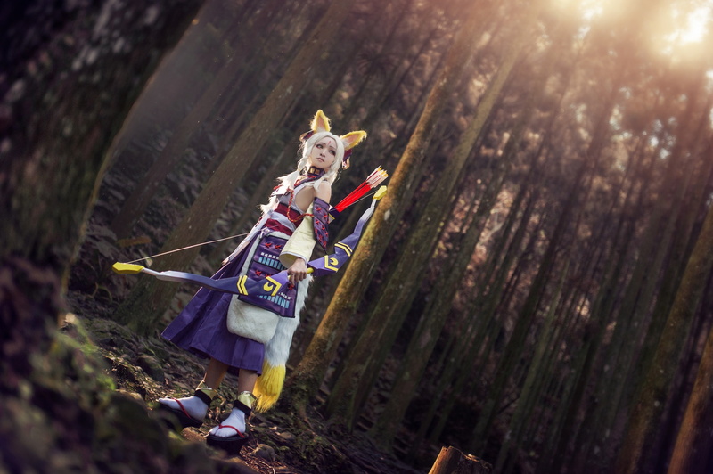 look, style, image, girl, 1080P, blonde, is, shoes, trees, tail, view, bow, pose, arrows, lilac, Asian, hairstyle, weapons, ears, costume, cosplay, light