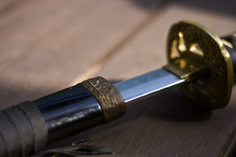workshop, focus on foreground, shiny, steel, working, selective focus, no people, sword, equipment, alloy, japan, tool, 4K, wood - material, table, metal