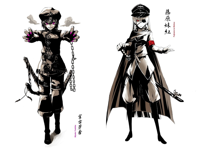 katana, evil eye, boots, chain, Touhou Project, shoulder straps, Fujiwara no Mokou, military uniform, 1080P, cloak, by Bisuke, cap, Yoshika Miyako, eye