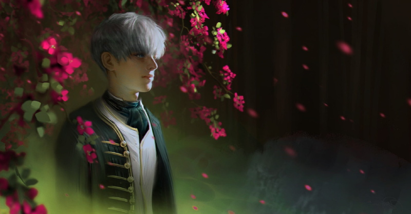 1080P, tie, blurred background, white hair, branches, bangs, lipesti, flowering tree, military uniform, guy