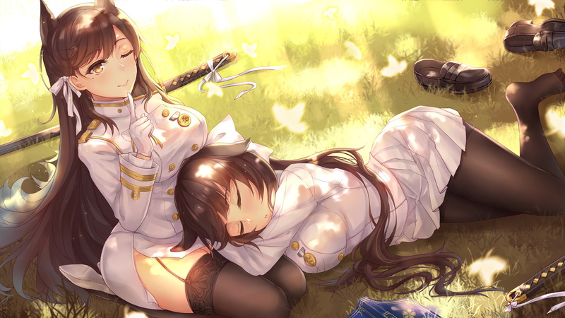 uniform, gloves, wink, breasts, ribbons, 1080P, pantyhose, konachan, lane, hair, sword, weapon, com, military, long, 2girls, azur, book, katana, grass