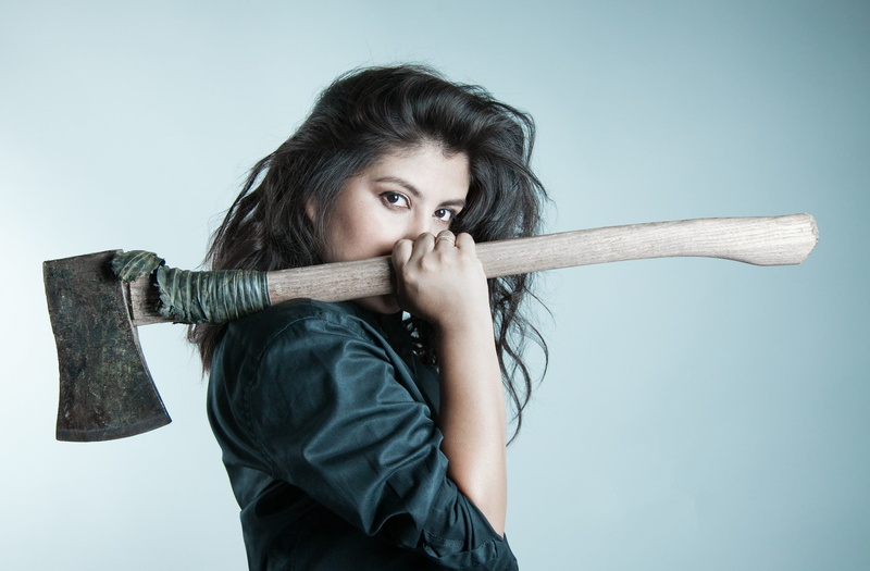 women, contemplation, model, one person, looking at camera, waist up, young adult, human hair, hairstyle, Axe, portrait, long hair, holding, face, woman