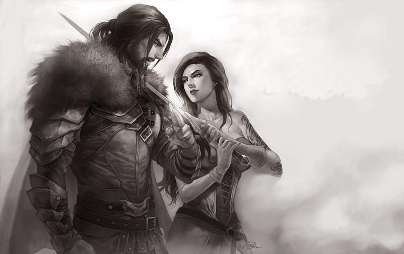 Man, Woman, Love, Fantasy, Sword, Couple, Black and White, 1080P, Warrior