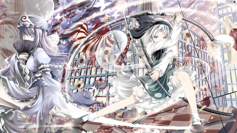 Saigyouji Yuyuko, 1080P, sword, Touhou, Konpaku Youmu, women with swords, japanese flag