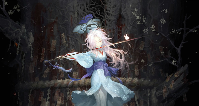 butterfly, ofuda, saigyouji, fan, yuyuko, 720P, kimono, weapon, hair, clothes, katana, long, touhou, eyes, seeker, pink, sword, japanese