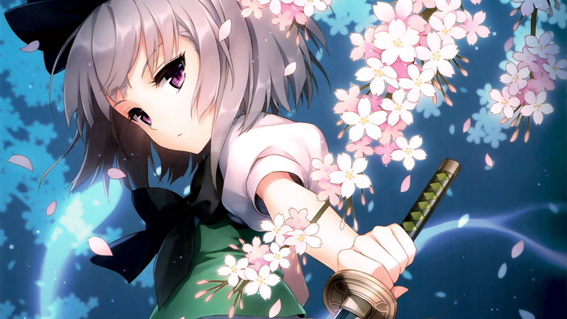 flowers, Konpaku Youmu, katana, 1080P, an2a, Touhou, cherry blossom