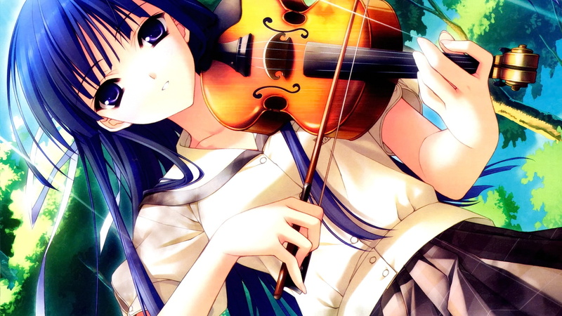 smiling, anime, 1080P, girl, brunette, violin, long, school, playing, blue, long hair, eyes, hair, school uniform, uniform, haired, anime girl, violet
