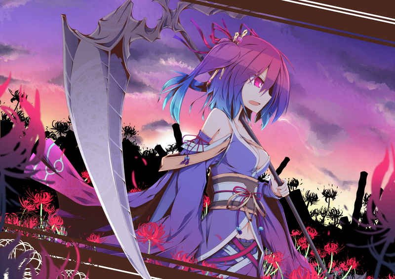 1080P, ichiyan, flowers, komachi, cleavage, scythe, touhou, onozuka, clothes, weapon, japanese