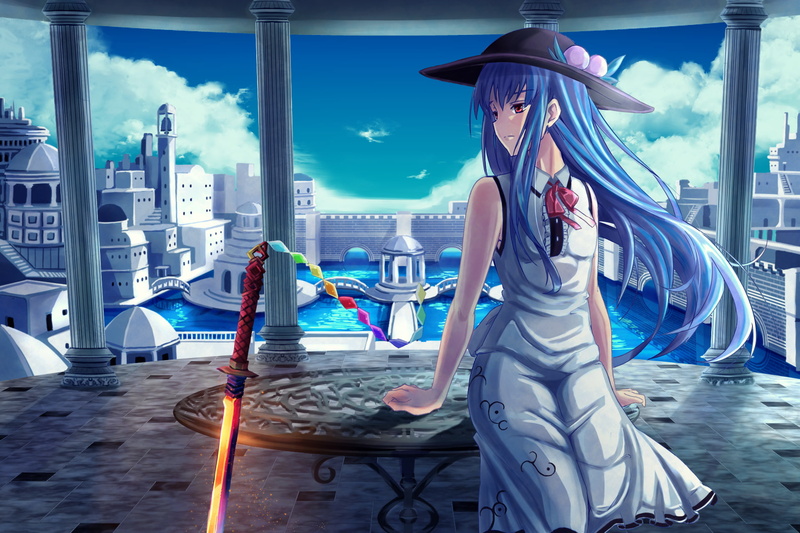 red, hinanawi, eyes, weapon, hat, 1080P, sword, sky, touhou, hair, 255580, tagme, dress, water, blue, konachan, building, clouds, long, scenic, tenshi