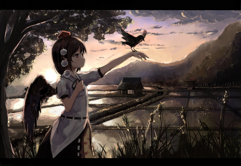 touhou, water, eyes, 720P, ears, bird, sky, shameimaru, clouds, com, landscape, aya, tree, pointed, 255933, hair, animal, konachan, wings, scenic, grass