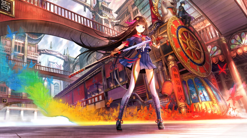 artwork, Original Characters, Anime Girls, Fuji Choko, Asian Architecture, sword, anime, 2K