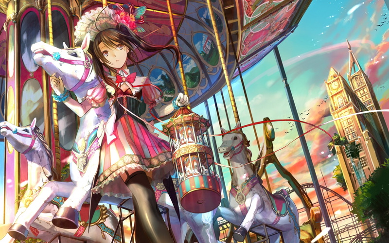 girls, soft, shading, fuji, animals, choko, hd, Carousel, anime, art, twintails, 1080P, x, birds